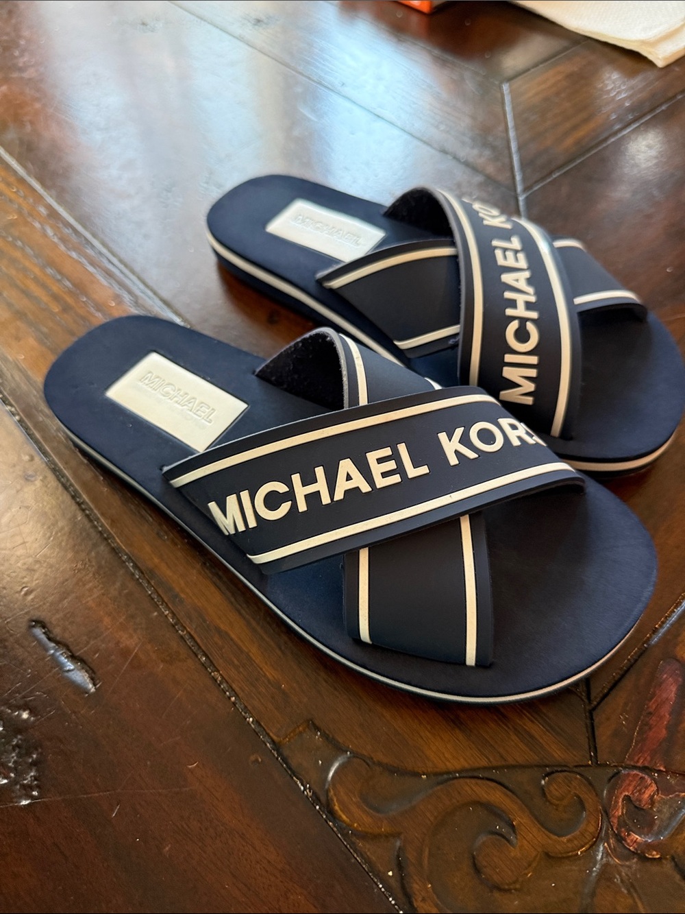 Michael Kors Navy and White Cross-Strap Logo Slides